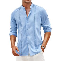 Heren Trainingspakken Cubaanse Guayabera Shirts Linnen Casual Lange Mouw Button Down Shirt Band Kraag Zomer Strand Tops 230906