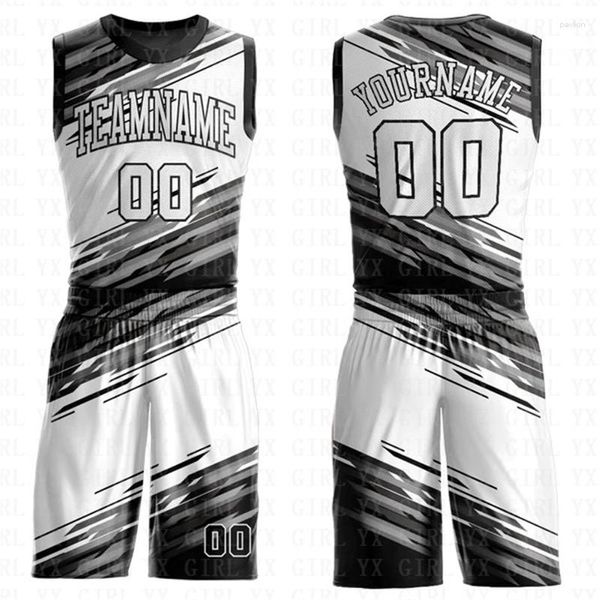 Chándales de hombre personalizados negro blanco-plata gris cuello redondo sublimación traje de baloncesto Jersey 3D impreso camisetas sin mangas y pantalones cortos personalizados