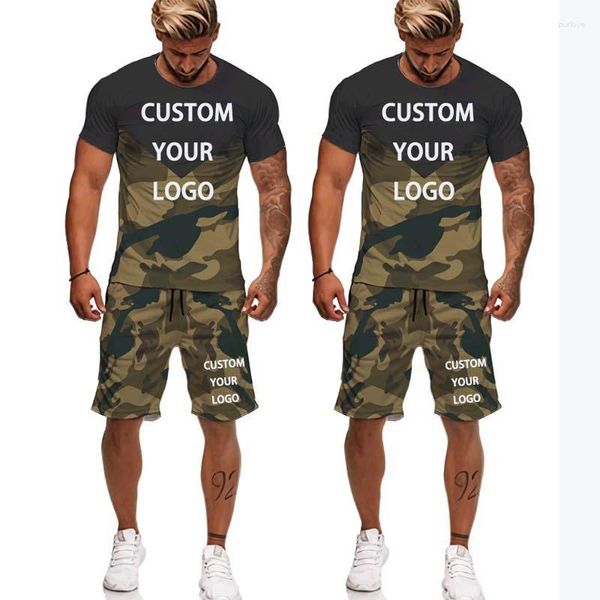 Chándales para hombres Logotipo personalizado Conjunto de 2 piezas Verano para hombres Camuflaje Traje de manga corta Patchwork Casual Ropa deportiva transpirable Camiseta masculina