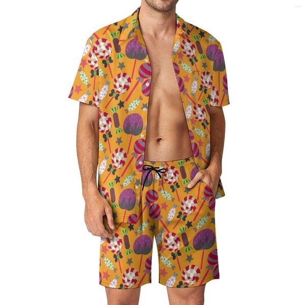 Survêtements pour hommes Mignon Bonbons Vacances Hommes Ensembles Lollies Imprimer Chemise Décontractée Ensemble D'été Conception Shorts Deux Pièces Drôle Costume Grande Taille