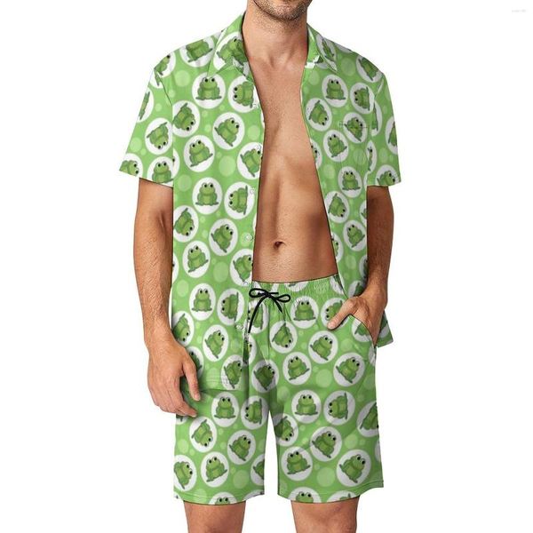 Chándales de los hombres Cute Green Frog Vacation Men Sets Love Cartoon Frogs Casual Shirt Set Summer Pattern Shorts Traje fresco de dos piezas Tamaño grande