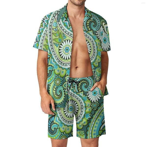 Chándales de los hombres Estampado de Paisley lindo Conjuntos de hombres Conjunto de camisa casual floral retro Pantalones cortos de playa de Hawaii Traje personalizado de verano Ropa de 2 piezas Tallas grandes
