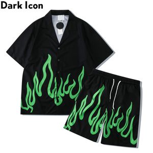 Survêtements pour hommes Dark Icon Green Flame Holiday Bech Set Men Summer Hawaiian Shirt and Short 230418