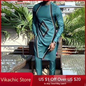 Survêtements pour hommes Dashiki Vêtements Africains Pour Hommes Casual Vert Géométrique Imprimé Costume À Manches Longues Chemise Pantalon Costume Africain Pour Hommes Ensemble 2 Pièces 230619