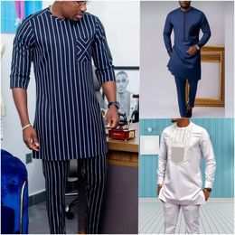 Chándales para hombres Dashiki Trajes para hombre Tops a rayas de manga corta Camisa Pantalón casual Conjuntos de 2 piezas Trajes tradicionales africanos Estilo étnico Traje para hombre 231108