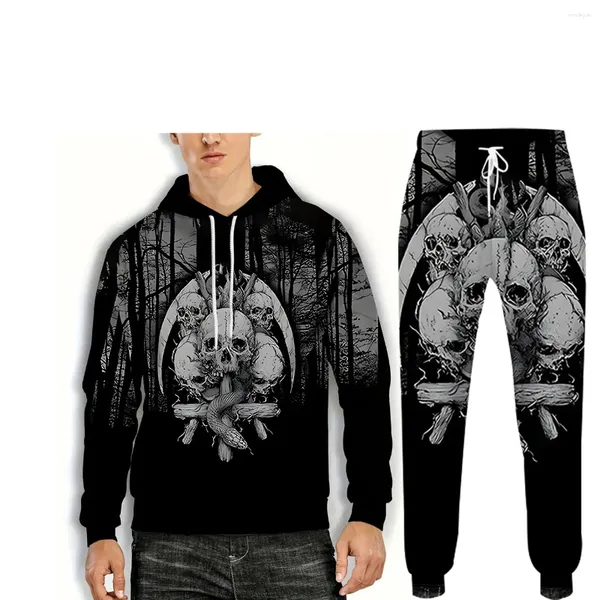 Survêtements pour hommes crâne de mort serpent 3D imprimé deux pièces pantalons de survêtement à capuche automne/hiver décontracté rue rétro mode sweat-shirt