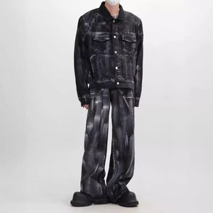 Survêtements pour hommes Denim Veste et Jeans Set Hommes Fleur Graffiti High Street Automne Manteau Lâche Pantalon Droit Casual Vintage Costume Lavé