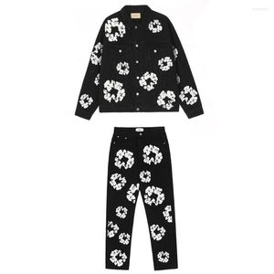 Survêtements pour hommes Veste en jean et jeans Ensemble Hommes Fleur Graffiti High Street Automne Manteau Lâche Pantalon Droit Casual Vintage Costume Lavé