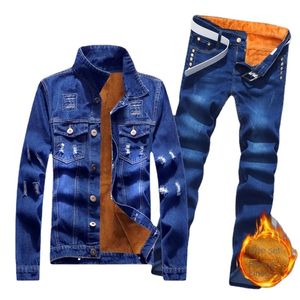 Heren tracksuits denim pluche jas heren winter verdikte top broek passen warme zakelijke mode 230206