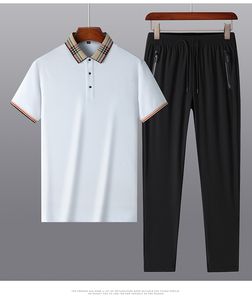 Costume d'été décontracté pour hommes, polo en coton à longues fibres, T-shirt à manches courtes, pantalon élastique en soie glacée, ensemble deux pièces