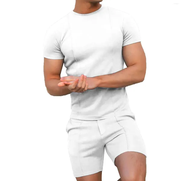 Chándales para hombres Trajes de cena para hombres Traje Abrigo Pantalones cortos sólidos Conjunto de manga corta Camiseta Deportes Fino Verano Dos piezas