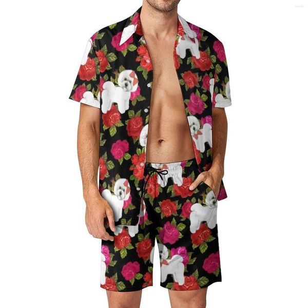 Survêtements pour hommes Chien Hommes Ensembles Caniche Rose Fleur Chemise Casual Ensemble Hawaii Beach Shorts Été Costume Graphique 2 Pièces Vêtements Plus Taille