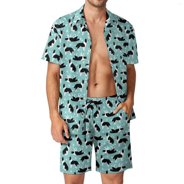 Chándales para hombres Ropa de playa con estampado de perros Conjuntos para hombres Conjunto de camisa informal Border Collie Pantalones cortos personalizados de verano Traje hawaiano de dos piezas de gran tamaño