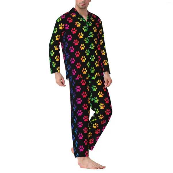 Survêtements pour hommes Chiens Imprimer Pyjama à manches longues avec pantalon en flanelle de coton et manches longues