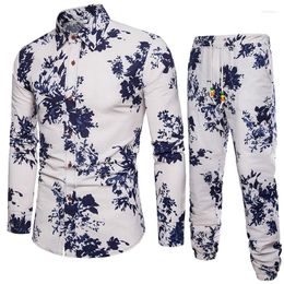 Tracksuits voor heren vallen bloemen 2 stks sets bloemen lange mouw shirts linnen vintage broek ademende strand bohemie plus maat 5xl