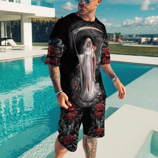 Chándales para hombre Drop Skull Girl y Rose 3D Conjunto para hombre con estampado completo Camiseta Pantalones cortos Combo Unisex Estilo de verano Camiseta informal LM