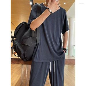 Chándales para hombres Conjunto casual sedoso elástico de 2 piezas Pantalones deportivos plisados rectos sueltos Sección delgada de verano Traje drapeado atractivo Ropa para hombres