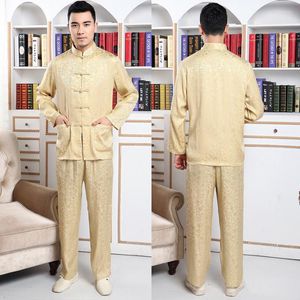 Survêtements pour hommes Hommes âgés Soie Pantalon à manches longues Costume Tang Tai Chi Grand-père Séjour complet Encens Crêpe Chemise de pratique chinoise TP092