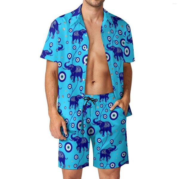 Chándales de hombre Elefante Mal de ojo Conjuntos de hombre Conjunto de camisa informal con estampado de amuleto azul Pantalones cortos de playa divertidos Traje de patrón de verano Ropa grande de 2 piezas