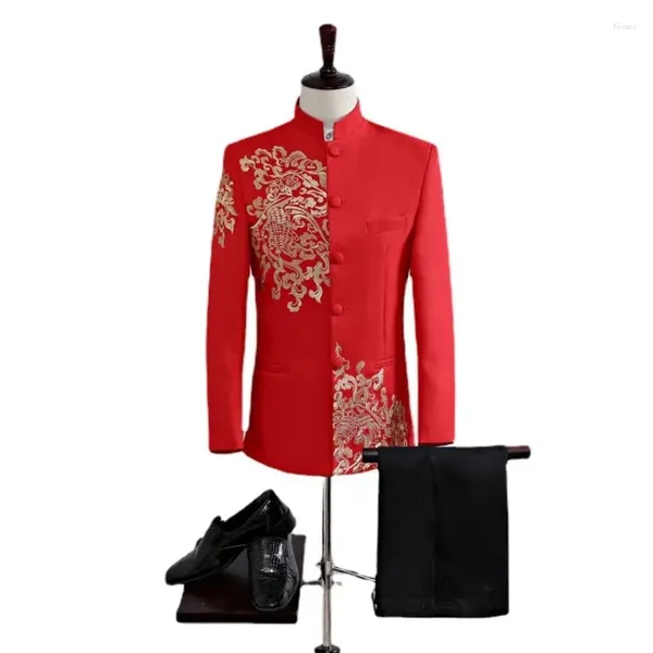 Survêtements pour hommes brodé col montant marié robe chinoise montrer il costume costume deux pièces performance