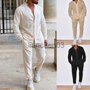 Survêtements pour hommes Taille européenne et américaine Lin Automne Loisirs Costume à manches longues Une pièce Cargo Pantalon Mode Beau costume de loisirs J230821