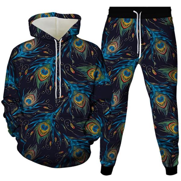 Survêtements pour hommes Automne Hommes Mode Sweat à capuche Pantalon 2PcSet Vêtements Animal Paon Coloré Plume Impression Femmes Survêtement Taille S