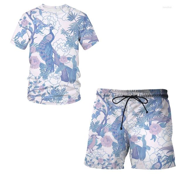 Chándales de hombre Moda Beach Suit3D Estilo chino Estampado de flores y pájaros Traje de manga corta fresco Hombre Mujer Pantalones de verano Camiseta Pantalones cortos