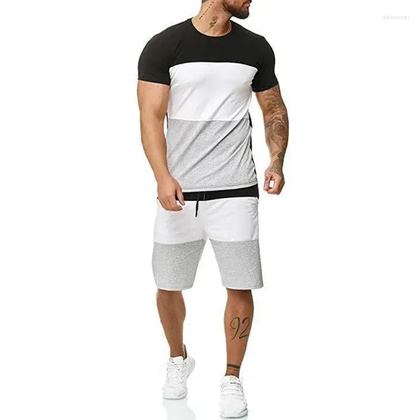 Chándales para hombre, moda de culturismo a rayas, verano informal, fresco, manga corta, estampado, ropa de calle deportiva, camiseta gráfica, conjunto de pantalones cortos