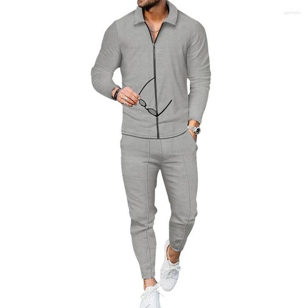 Chándales para hombre, conjunto de 2 piezas informal a la moda, cárdigan con cremallera de tela de gofre de otoño, Top de manga larga con solapa, pantalones con cordones de cintura alta, trajes para hombre