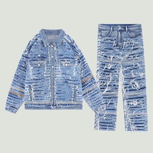 Men S Tracksuits Fashion Divered Denim Ats Streetwear Harajuku Solid Color Losse Splited Cowboy Jackets and Jeans 2 -Piece Sets Unisex 230311