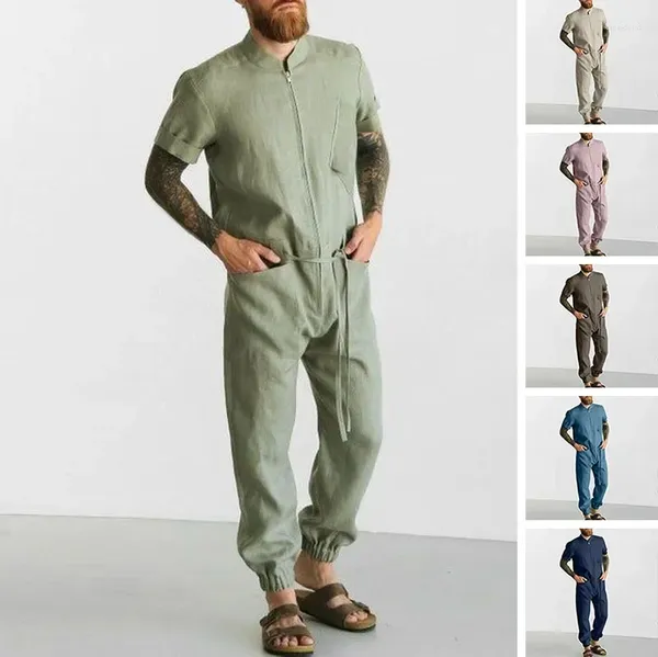 Chándales para hombre, moda de lino, transpirable, traje de ocio de verano, monos de manga corta de una pieza, pantalones, mono