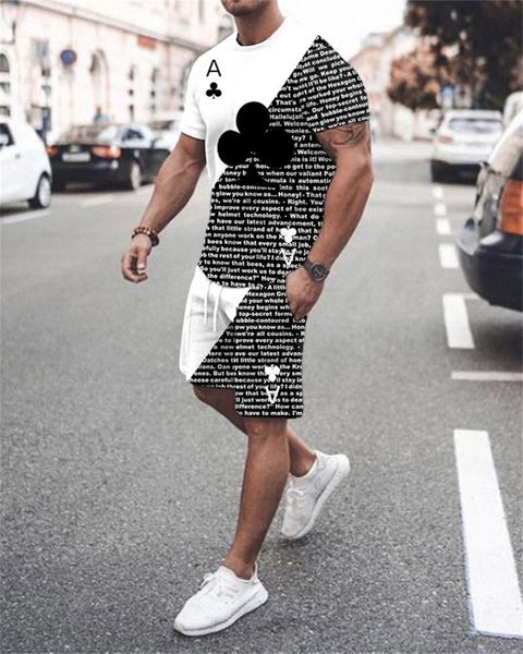 Survêtements pour hommes Mode Col rond pour hommes Été Décontracté T-shirt imprimé en 3D Ensemble Noir et blanc Ton As de pique Mode Street Fun Outfit 230713