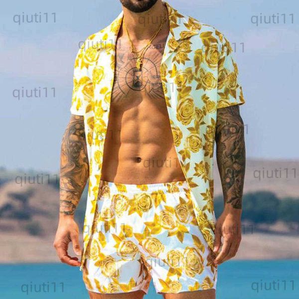 Survêtements pour hommes Mode Survêtements d'été pour hommes Hawaii Manches courtes Impression Blouse Chemise Tops Shorts Ensembles Vêtements Rose Jaune Noir T230321