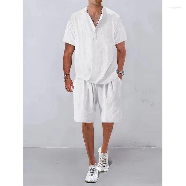 Survêtements pour hommes Mode Hommes Ensembles Hommes Couleur unie Été Col montant Tenues en lin Polo à manches courtes Shorts Deux pièces Costume décontracté