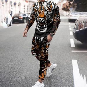 Tracksuits voor heren Fashion Outfits for Men Set Tiger 3D Gedrukt Coole Long Sleeve T-Shirt Trousers 2-Piect casual Oversize Suit