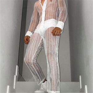 Survêtements pour hommes Ensembles de mode Mesh Patchwork Transparent Sexy Revers Chemise à manches longues Pantalon Streetwear Costumes Deux Pièces INCERUN 220919