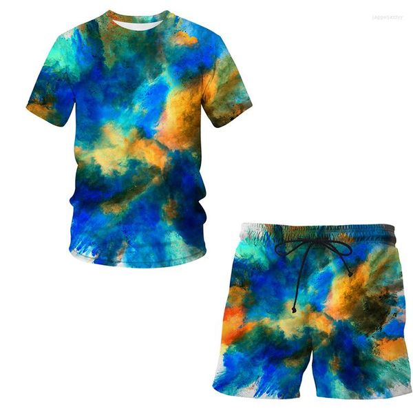 Survêtements pour hommes Mode Été Plage Casual Hommes Porter T-shirt Shorts Cool Hip Hop 3D Splash Poudre Fumée Imprimer Costume À Manches Courtes 2 Pièce