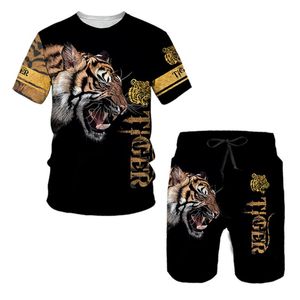 Chándales de los hombres Camiseta de verano de moda Pantalones cortos Conjunto de 2 piezas Impreso en 3D Cool Lion Hombres Sudadera O-cuello Manga corta Ropa informal de gran tamaño