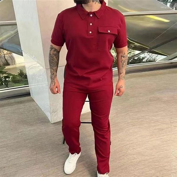 Chándales para hombres Conjuntos de dos piezas de moda para hombres Bolsillos casuales Polo de manga corta y pantalones Trajes para hombre Trajes de ocio de color puro Hombre