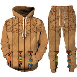 Survêtements pour hommes Folk-Custom 3D Imprimer Deux pièces Ensemble Unisexe Style ethnique Manches longues Africain Dashiki Sweat à capuche Pantalon Costume Hommes Femmes Jogging Trac