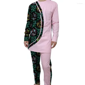 Heren trainingspakken volledige mouwen patchwork sets roze katoenen bruidegom pak mannelijke top broek Afrikaanse bruiloftskleding outfits voor gelegenheden