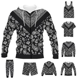 Survêtements pour hommes Funny 3D Full Print Bandana Noir Paisley T-shirt Sweat-shirt Sweats à capuche Veste mince Pantalon Quatre saisons Costume décontracté V52 230206