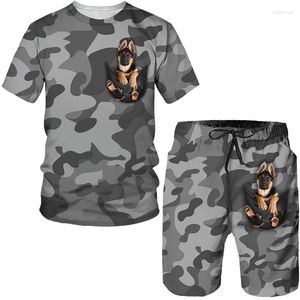 Survêtements pour hommes Funny Camouflage 3D Animal Print Tees/Shorts/Ensembles Berger Allemand Poche Intérieure T-Shirt Tenues Streetwear Ventiler Tissu