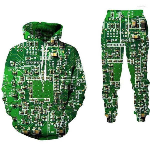 Survêtements pour hommes drôle puce électronique 3D impression survêtement ensemble décontracté sweat à capuche pantalon 2pcs pull surdimensionné sweatsuit mode hommes vêtements