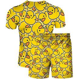 Parcours masculin Little Little Yellow Duck Summer Mens Set Large Size Imprimé Short Shorts Suit 2 pièces Tendance de mode Strtwear T240505