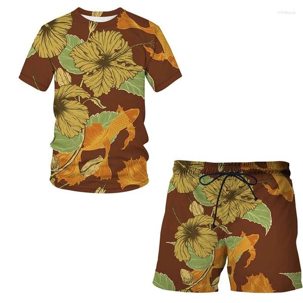 Survêtements pour hommes Funny Men T-shirt Beach Shorts Ensembles 2023 Summer Sportswear Pantalon de dessin animé T-shirt Streetwear Harajuku 3D Imprimer Koi Tops