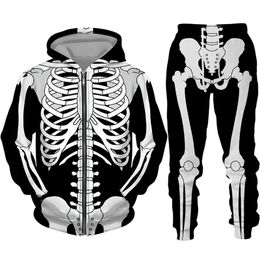 Tracksuits voor heren grappig skelet interne organen 3D geprinte hoodie/rits sweatshirt/set persoonlijkheid Halloween streetwear Men Men Women kleding pakken 230130
