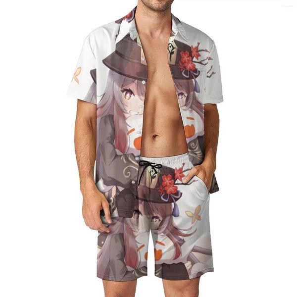 Survêtements pour hommes Genshin Impact Hu Tao Hommes Ensembles Namecard Papilio Charontis Hutao Chemise décontractée Ensemble Short de vacances Costume d'été Deux pièces