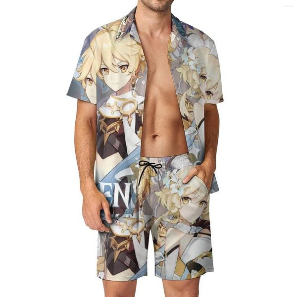 Chándales para hombres Genshin Impact Conjuntos para hombres Lindo Anime Conjunto de camisa informal de moda Conjunto de diseño de manga corta Pantalones cortos Ropa de playa de verano Traje de talla grande 2XL