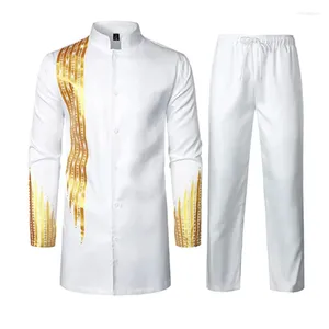 Survêtements pour hommes imprimé géométrique robe de luxe à col haut ensemble deux pièces blanc et or